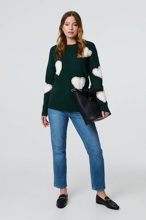 Green | Heart Embellished Slim Jumper
