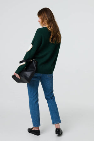 Green | Heart Embellished Slim Jumper
