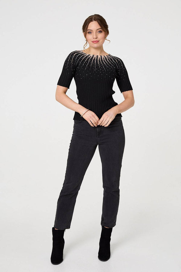 Black | Sequin Embellished Short Sleeve Knit Top

