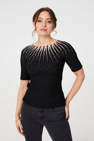Black | Sequin Embellished Short Sleeve Knit Top
