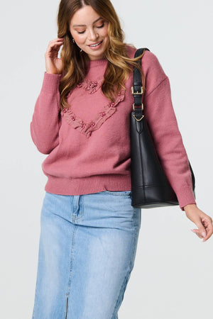 Pink | Heart Pearl Embellished Jumper
