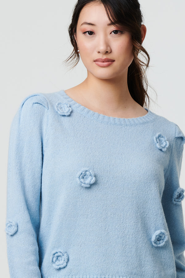 Blue | Floral Embroidered Cropped Jumper
