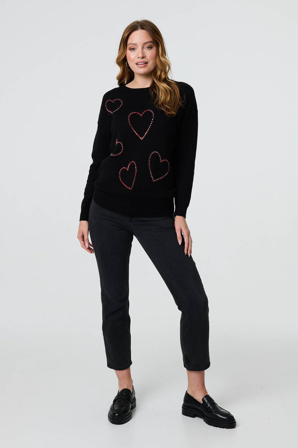 Black | Heart Embellished Long Sleeve Jumper
