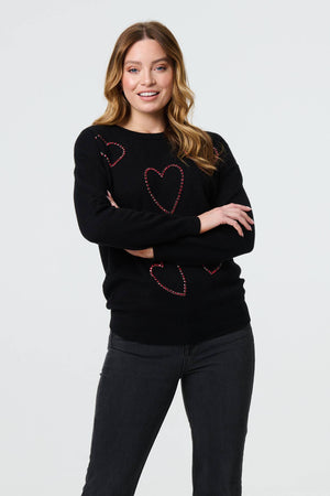 Black | Heart Embellished Long Sleeve Jumper
