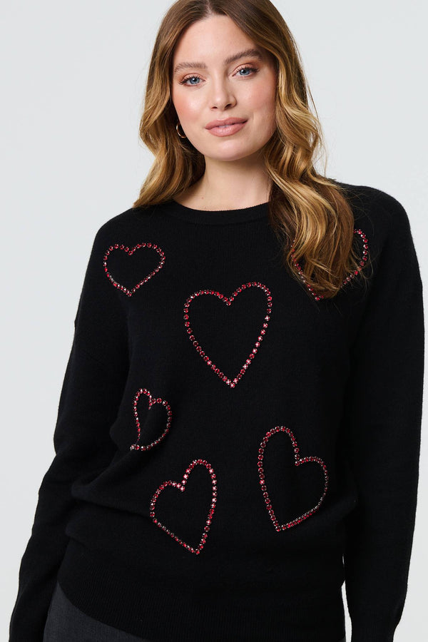 Black | Heart Embellished Long Sleeve Jumper
