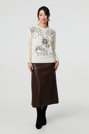 Ivory | Floral Sequin Detail Long Sleeve Jumper
