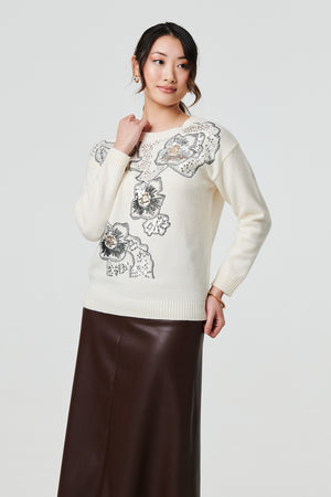 Ivory | Floral Sequin Detail Long Sleeve Jumper
