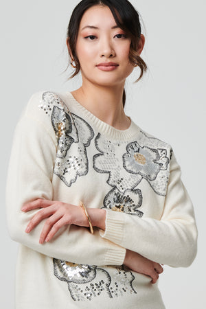 Ivory | Floral Sequin Detail Long Sleeve Jumper
