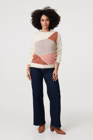 White | Asymmetric Colour Block Knitted Jumper
