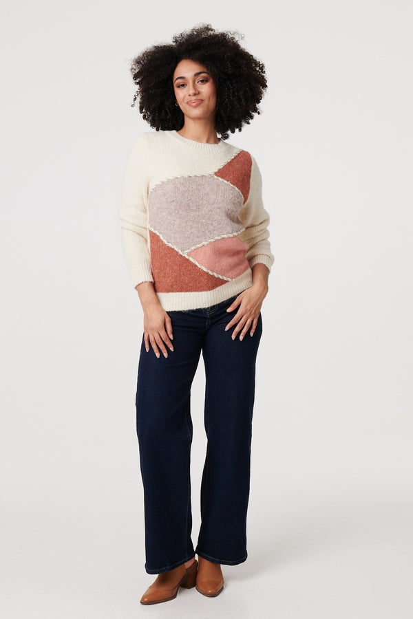 White | Asymmetric Colour Block Knitted Jumper
