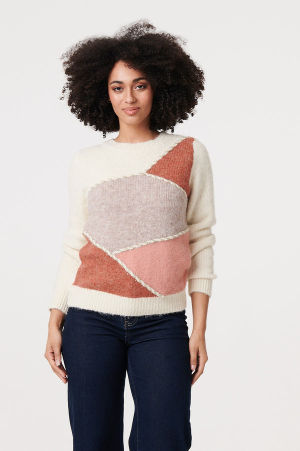 White | Asymmetric Colour Block Knitted Jumper
