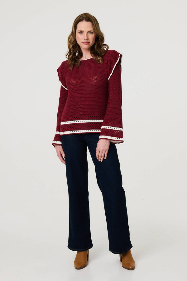 Red | Crochet Knit Frilled Hem Jumper
