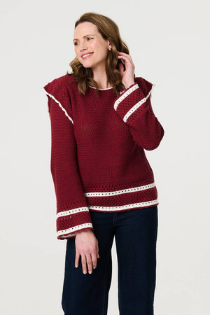 Red | Crochet Knit Frilled Hem Jumper