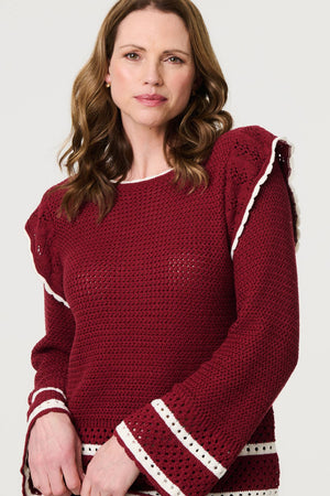 Red | Crochet Knit Frilled Hem Jumper : Model is 5'9