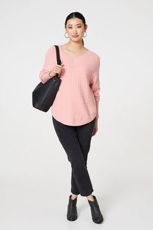 Pink | Textured V-Neck Relaxed Curve Hem Jumper
