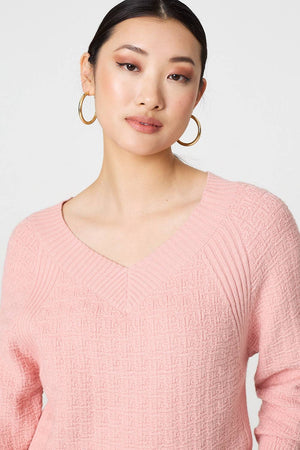 Pink | Textured V-Neck Relaxed Curve Hem Jumper
