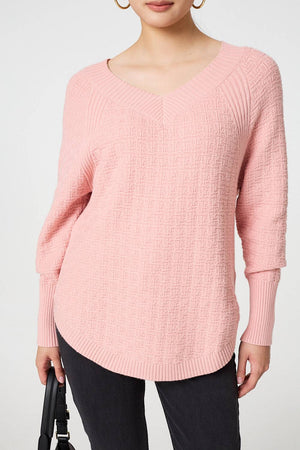 Pink | Textured V-Neck Relaxed Curve Hem Jumper
