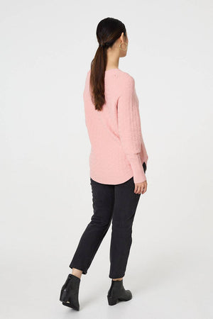 Pink | Textured V-Neck Relaxed Curve Hem Jumper
