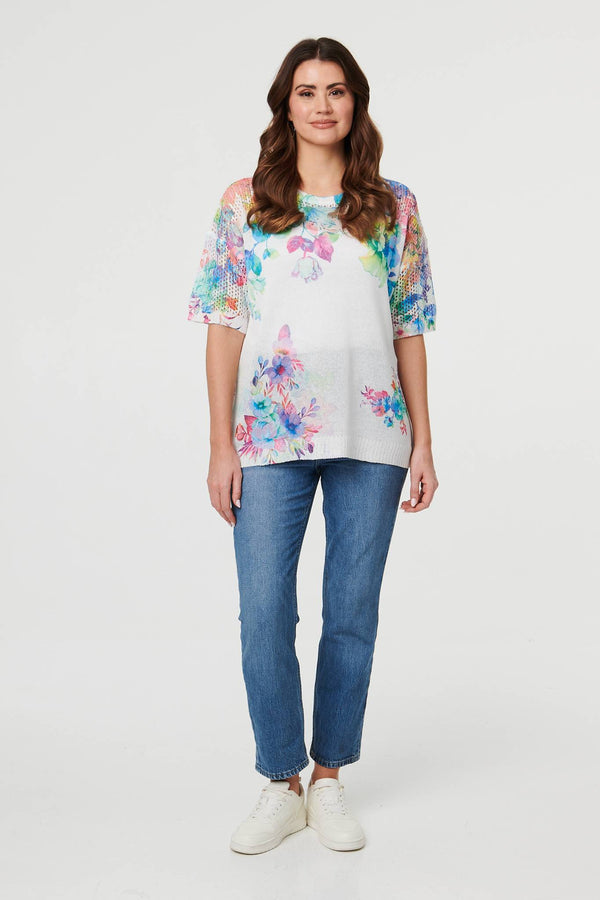 White | Floral Knit Textured Relaxed Top