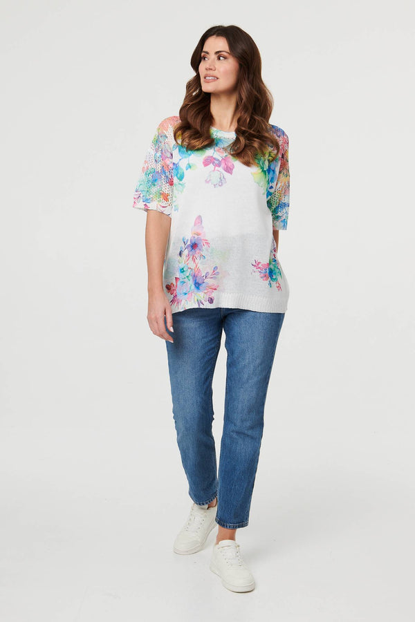 White | Floral Knit Textured Relaxed Top