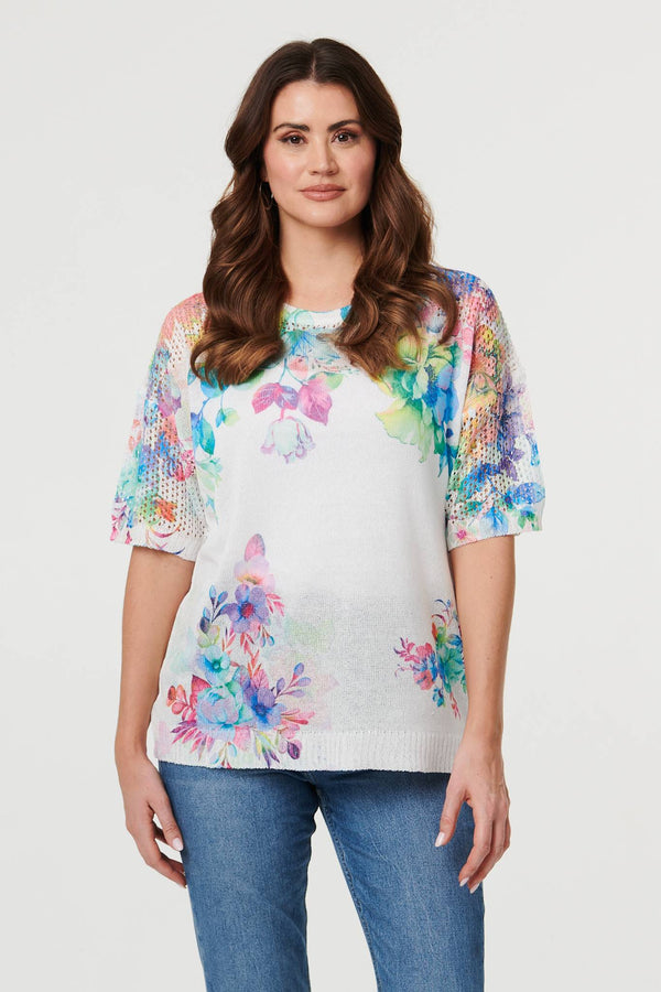 White | Floral Knit Textured Relaxed Top