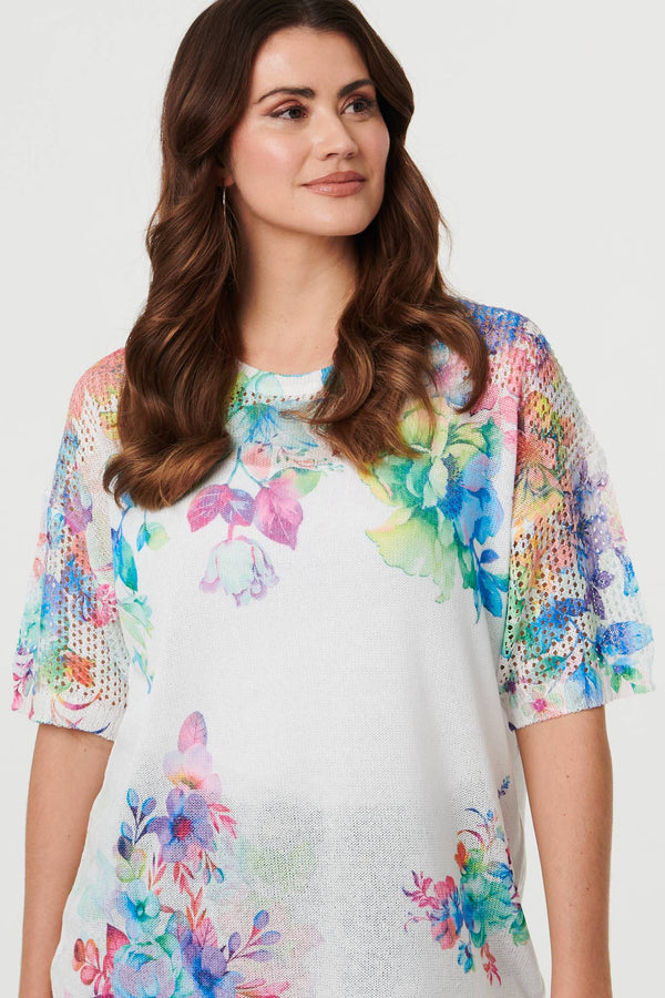 White | Floral Knit Textured Relaxed Top