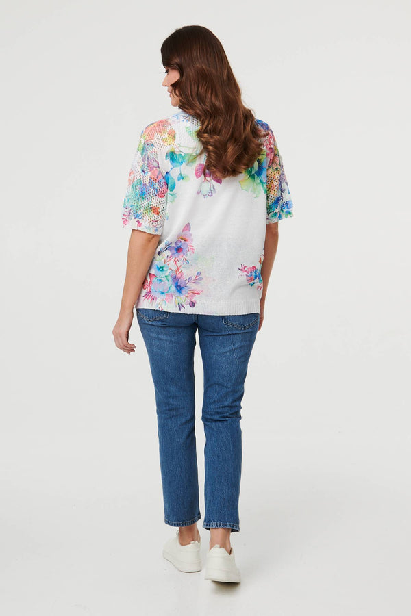 White | Floral Knit Textured Relaxed Top