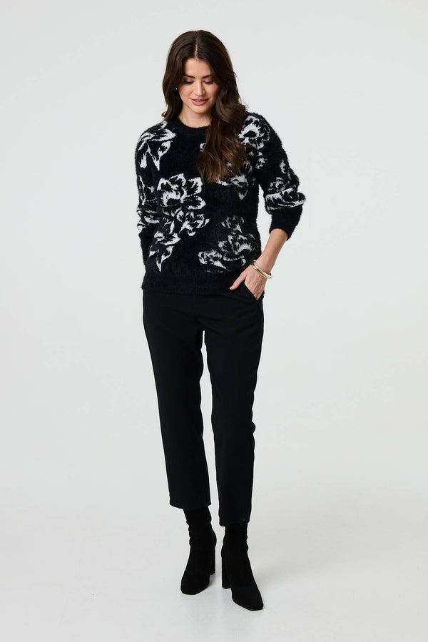 Black | Floral Soft Knit Long Sleeve Jumper
