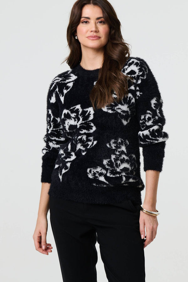 Black | Floral Soft Knit Long Sleeve Jumper
