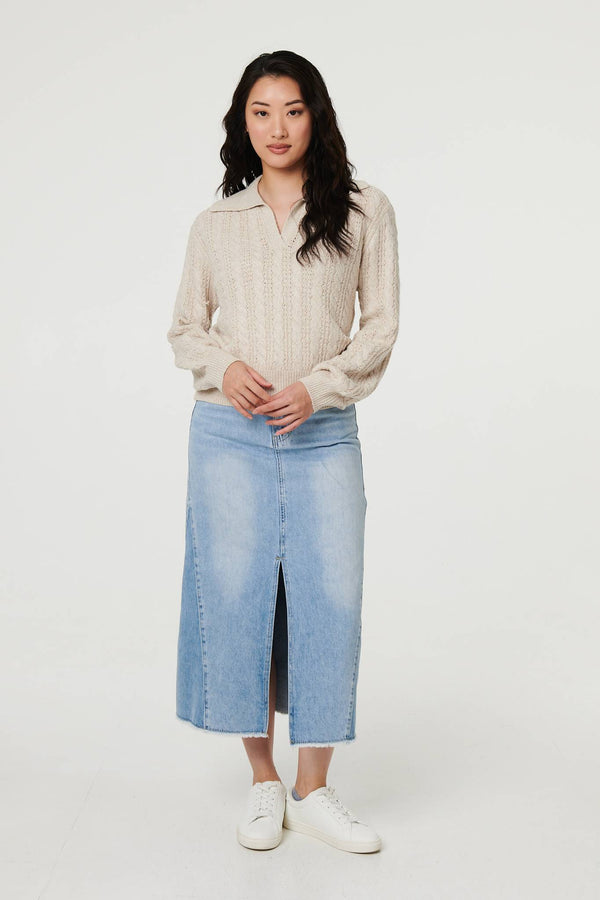 Cream | Textured Wide Collar V-Neck Jumper
