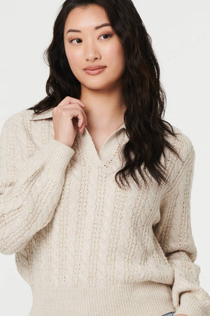 Cream | Textured Wide Collar V-Neck Jumper
