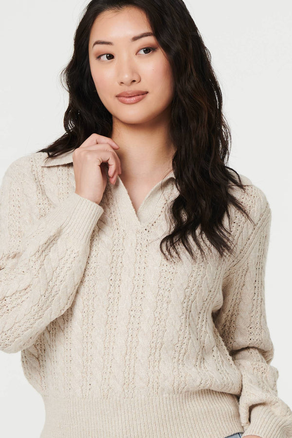 Cream | Textured Wide Collar V-Neck Jumper
