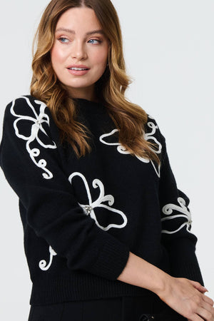 Black | Butterfly Print Embellished Jumper