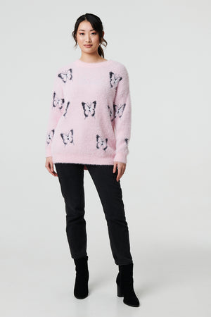 Pink | Butterfly Print Soft Texture Jumper

