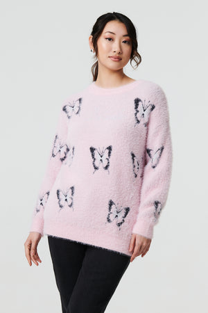 Pink | Butterfly Print Soft Texture Jumper
