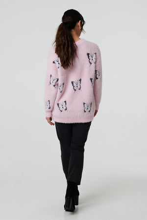 Pink | Butterfly Print Soft Texture Jumper

