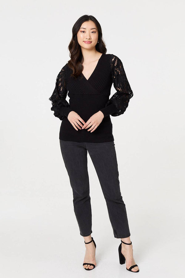 Black | Floral Lace Puff Sleeve Fitted Knit Top : Model is 5'9"/175 cm and wears UK8/EU36/US4/AUS8
