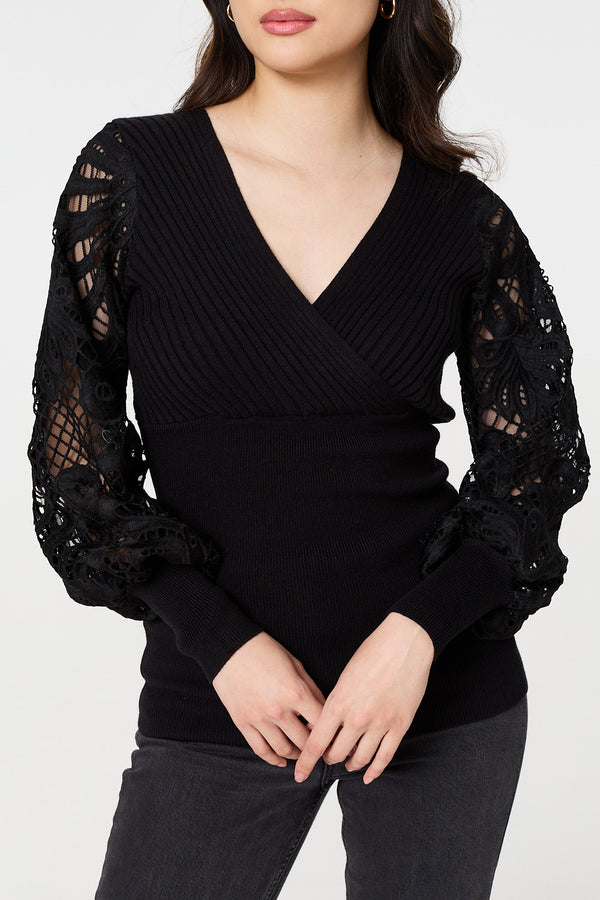 Black | Floral Lace Puff Sleeve Fitted Knit Top
