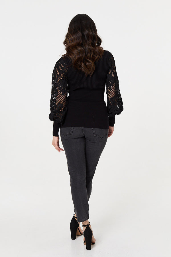 Black | Floral Lace Puff Sleeve Fitted Knit Top
