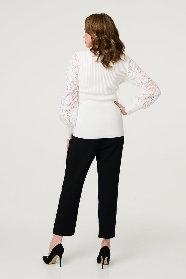 Cream | Floral Lace Puff Sleeve Fitted Knit Top