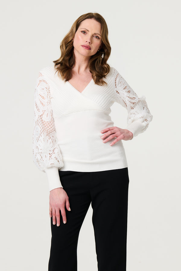 Cream | Floral Lace Puff Sleeve Fitted Knit Top
