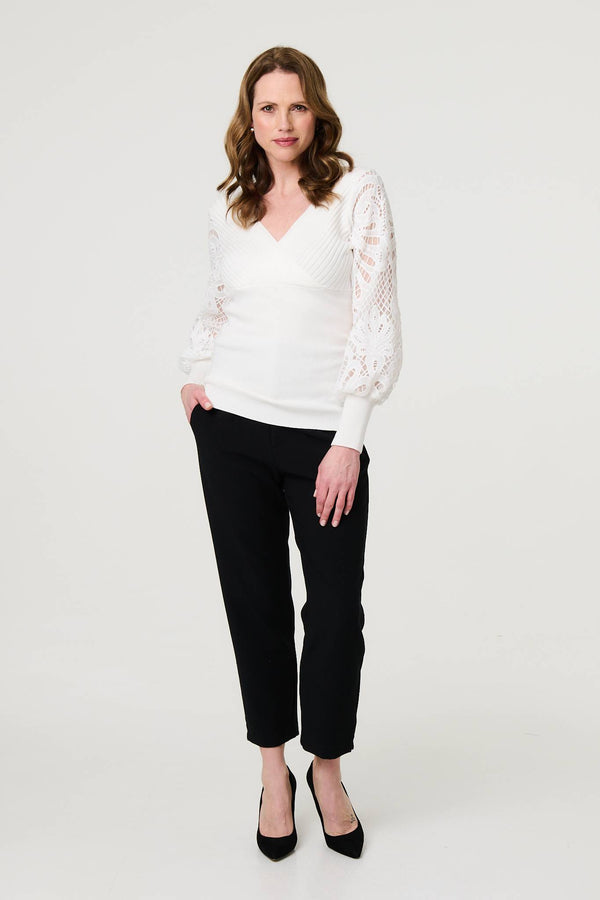 Cream | Floral Lace Puff Sleeve Fitted Knit Top : Model is 5'9"/175 cm and wears UK10/EU38/US6/AUS10
