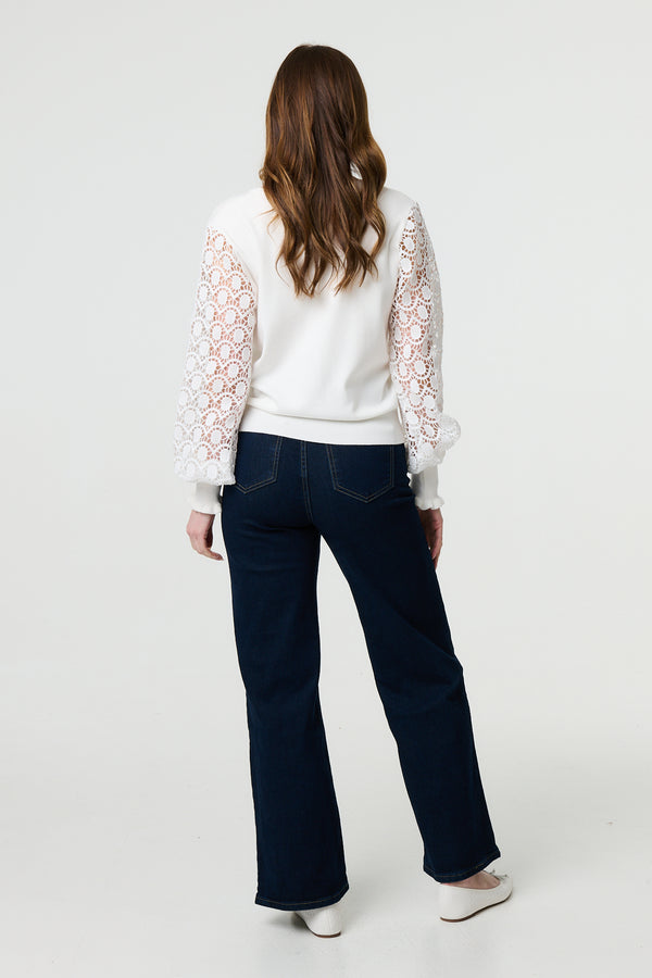 White | Sheer Lace Sleeve Knitted Jumper
