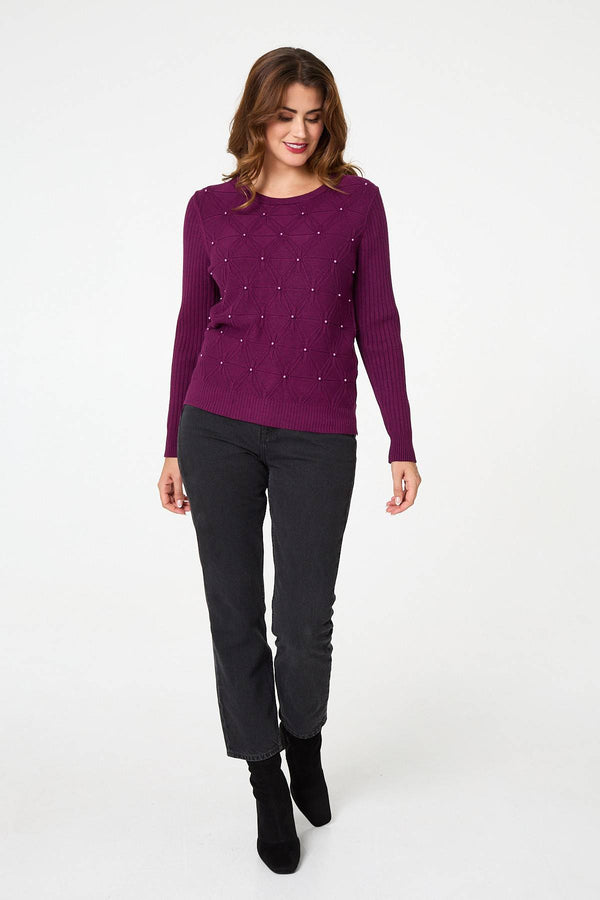 Purple | Pearl Embellished Texture Jumper
