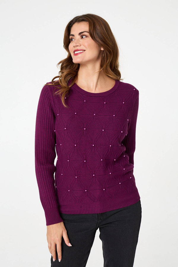 Purple | Pearl Embellished Texture Jumper
