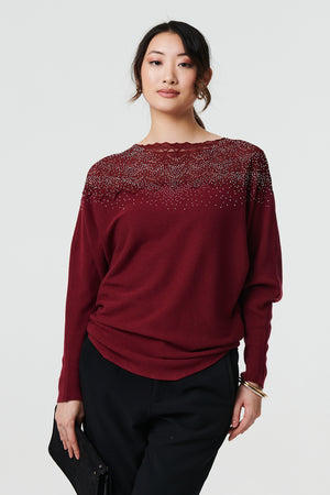 Red | Lace Trim Batwing Long Sleeve Jumper : Model is 5'9