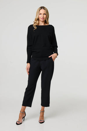 Black | Lace Trim V-Back Boat Neck Jumper Top
