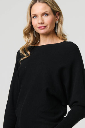 Black | Lace Trim V-Back Boat Neck Jumper Top
