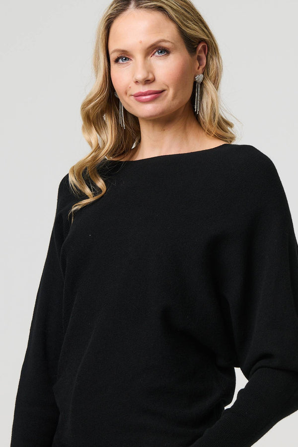 Black | Lace Trim V-Back Boat Neck Jumper Top
