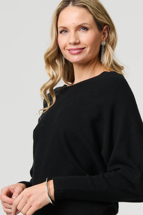 Black | Lace Trim V-Back Boat Neck Jumper Top
